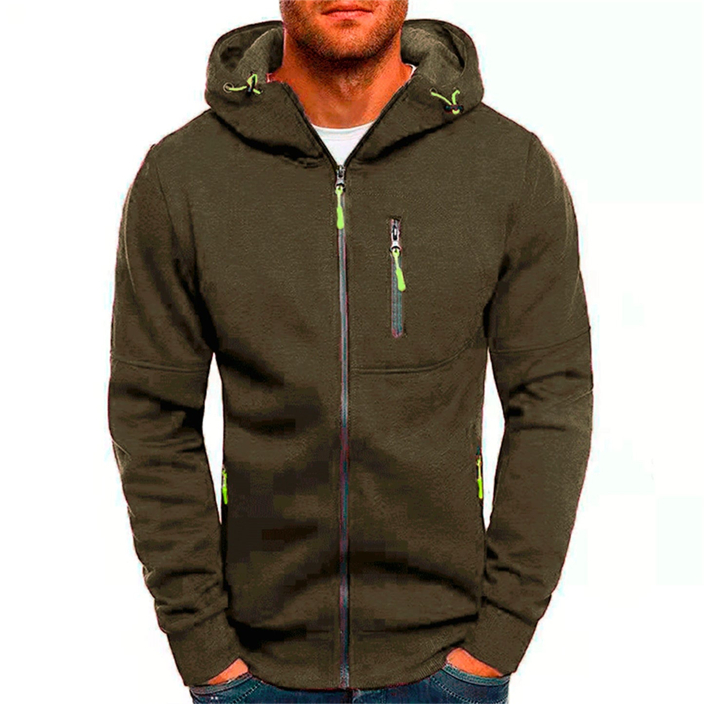 Giacca Da Uomo Con Cerniera E Cappuccio Tinta Unita Con Tasche Moda Casual Sport Streetwear All Aperto