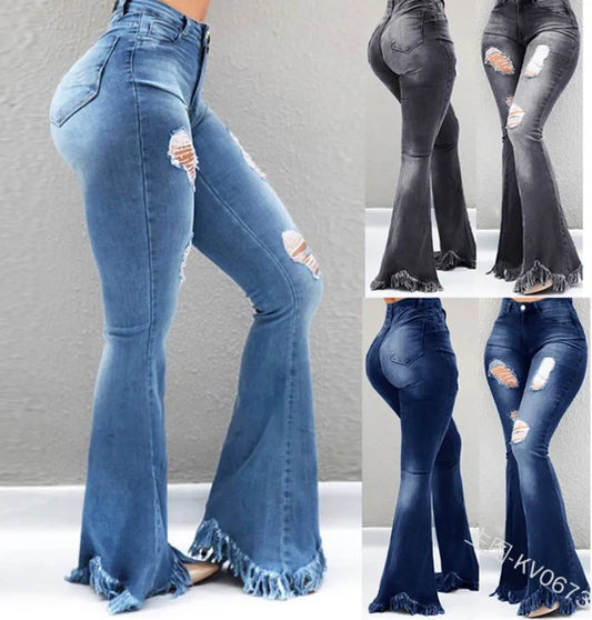 Jeans Strappati Distressed Flare Da Donna Vita Alta In Denim Lavato Candeggiato Con Tasche Estate 2024