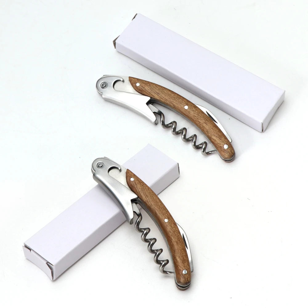 Set Apribottiglie in Legno Naturale 1 2 o 4 Pezzi Cavatappi Micro Serrato con Coltello Affilato per Vino e Birra