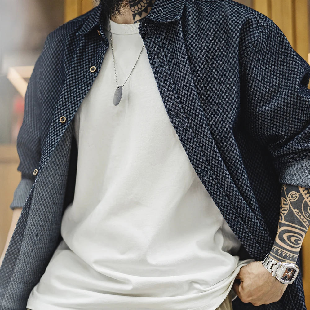 Camicia Jeans Quadri Retrò Da Uomo Con Maniche Lunghe E Giacca Monopetto Con Risvolto Ampio Versatile Primavera Autunno