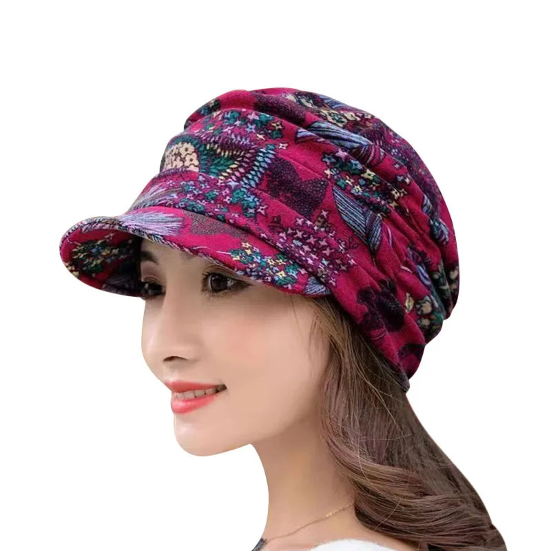 Berretto Da Donna In Cashmere Con Visiera Corta E Paraorecchie Pieghevole Stampa Floreale Ethnica Per Autunno Inverno