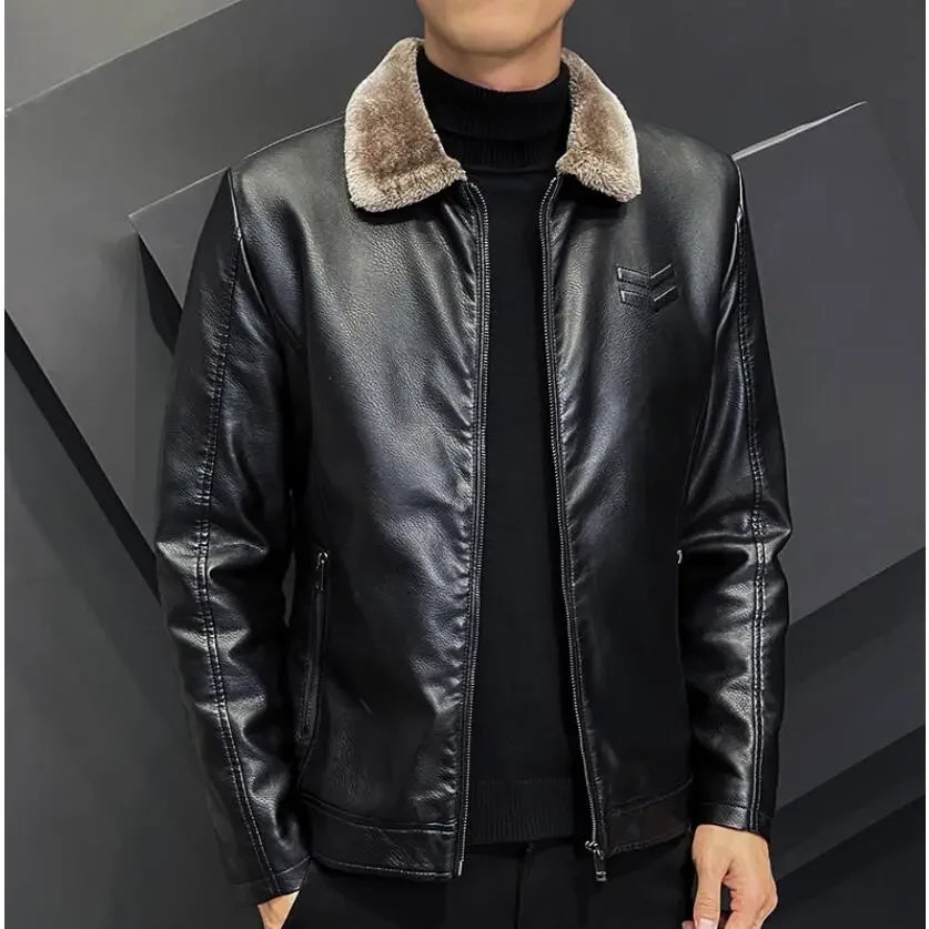 Giacca In Pelle Ispessita Da Uomo Invernale Con Cerniera E Bavero Design Taglie Forti Bomber