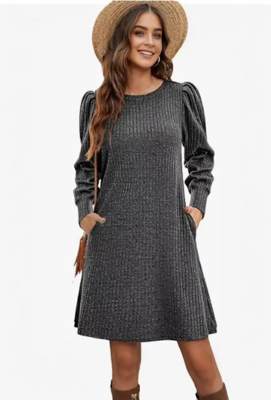 Abito da Donna in Maglia con Maniche a Palloncino e Tasche Laterali Autunno Inverno Comfort Quotidiano