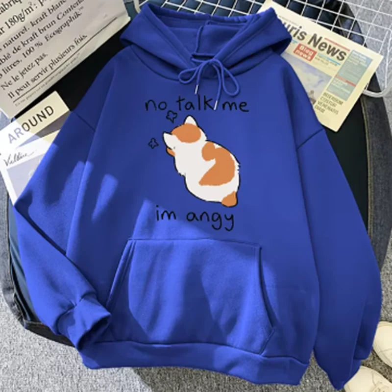 Felpa Con Cappuccio Oversize Donna Stampa Gatto Arrabbiato No Talk Me Cute Hip Hop Streetwear Pile Morbido