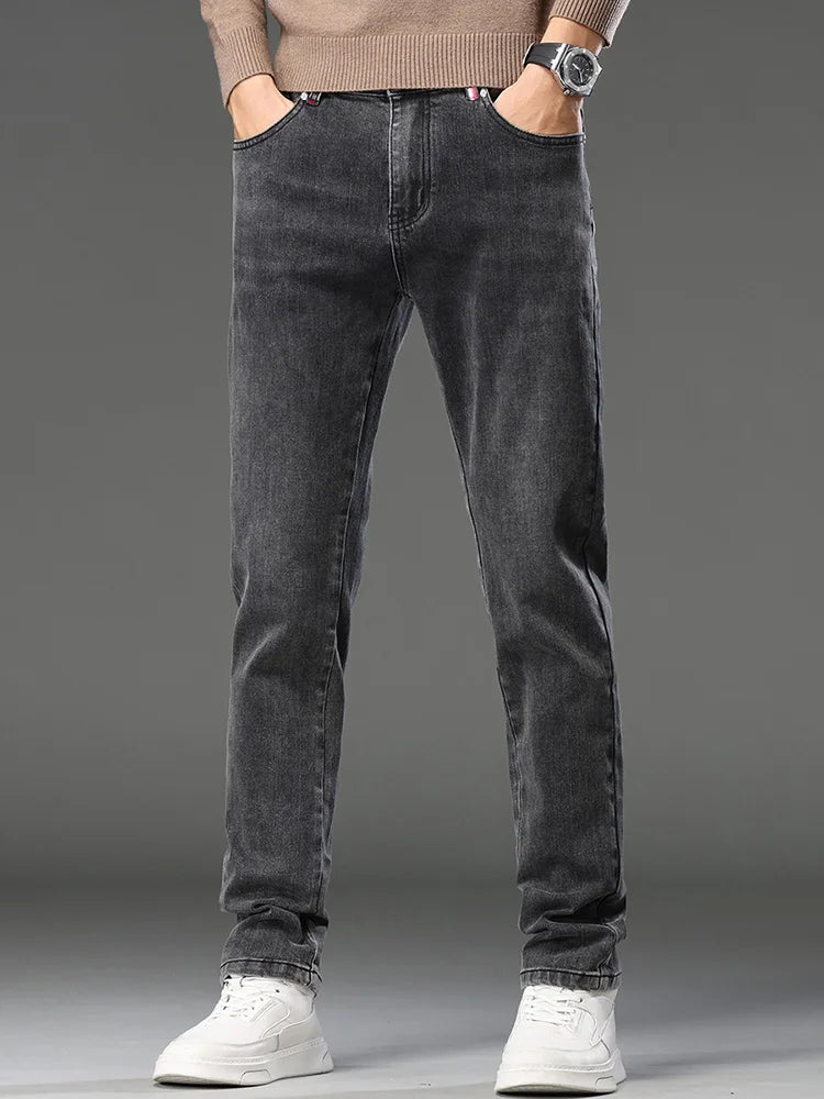 Jeans Uomo Slim Fit A Gamba Dritta Stile Europeo Pantaloni Lunghi Elasticizzati Casual Da Lavoro Versatili