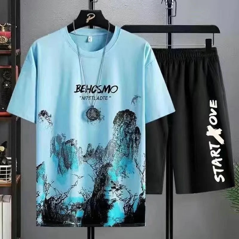 Set Estate da Uomo Manga Graffiti T Shirt Pantaloncini 2 Pezzi Comodo Traspirante con Stampa