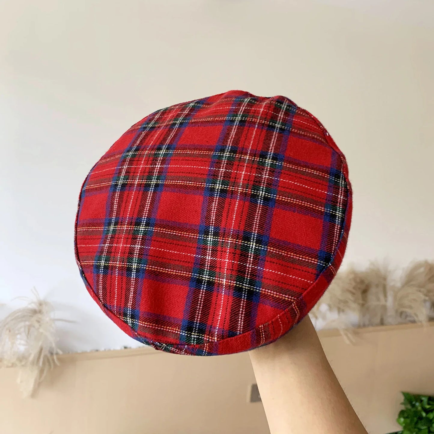 Berretto Scozzese Rosso Unisex Plaid Motivo Profilo Piatto Stile Retrò Caldo Comfort Elegante Donna Uomo