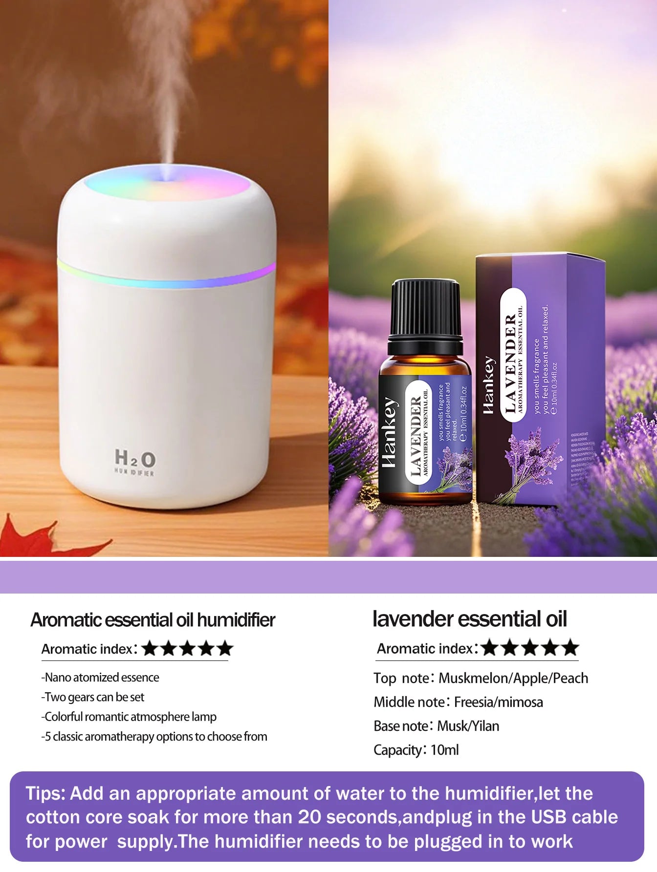 Diffusore Aromaterapia Umidificatore Purificatore D'Aria 300ml Luce a Sette Colori Olio Essenziale per Uso Domestico