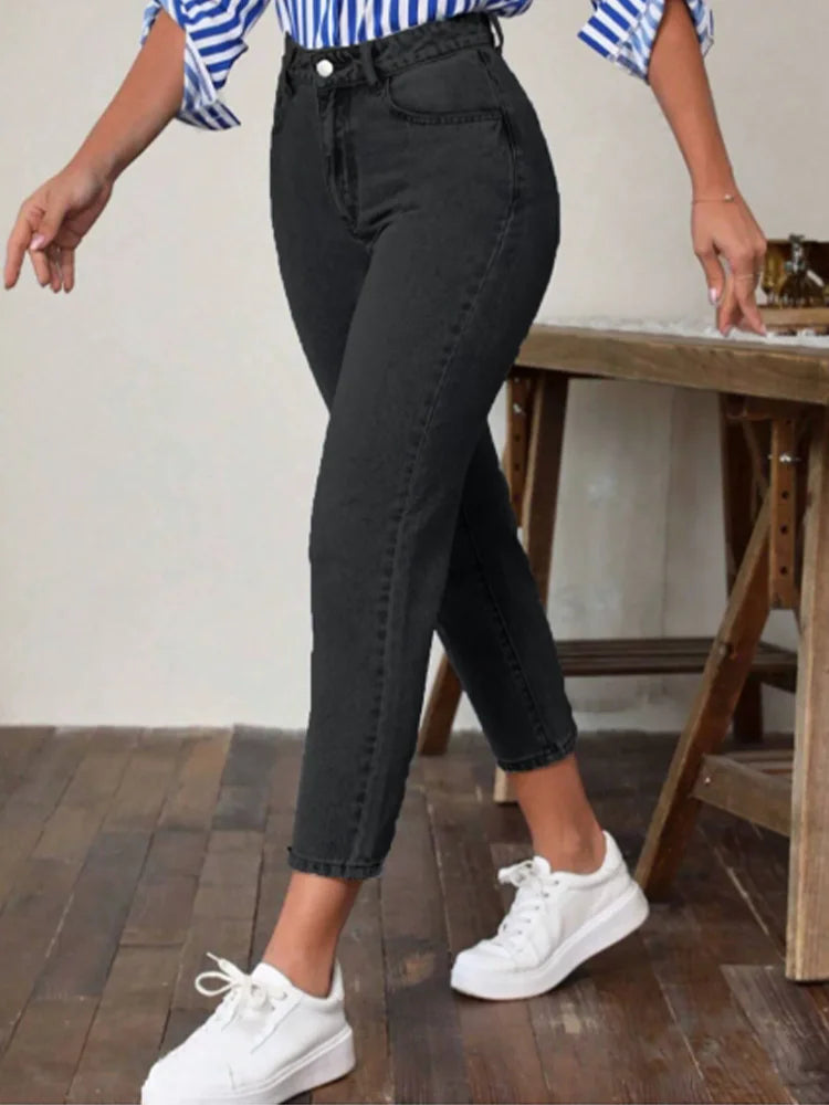 Pantaloni A Gamba Dritta Micro Elastici Da Donna Vita Alta Tinta Unita Jeans Primavera Versatili Moda Streetwear