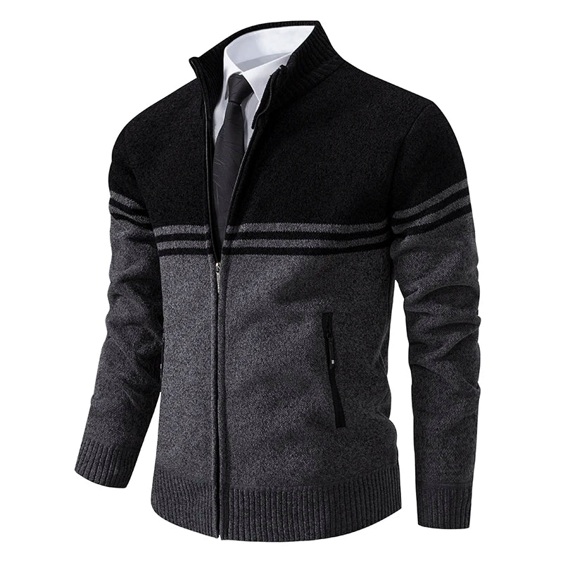 Nuovo Maglione Invernale da Uomo in Pile Spesso con Colletto Coreano e Cerniera Cardigan Casual a Righe