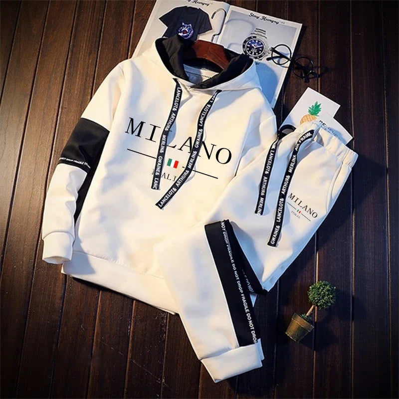 Tuta Da Uomo Monopezzo Con Cappuccio Stampa Casual Nero Bianco Abbigliamento Sportivo Autunno Inverno