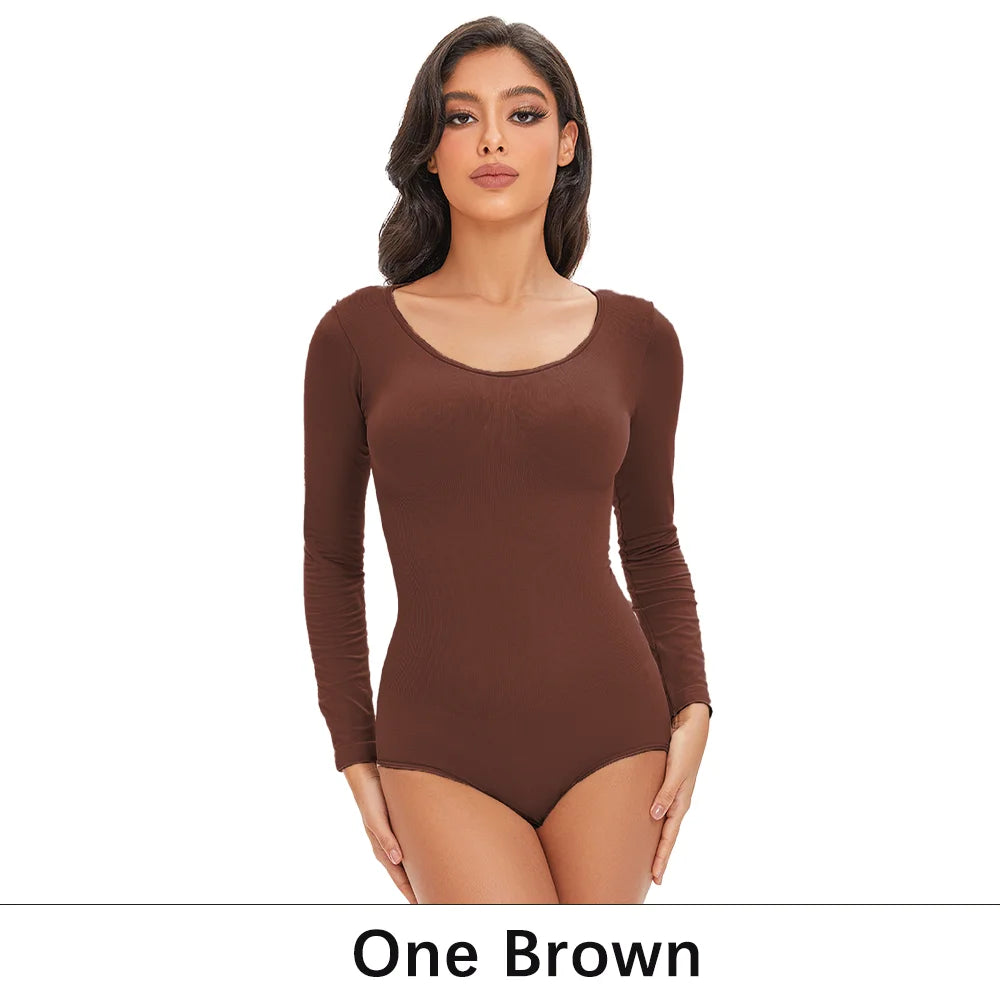 Pokarla Body Suit Spandex Elastico Shapewear Donna Controllo Pancia Manica Lunga Cavallo Aperto Girocollo Shaper