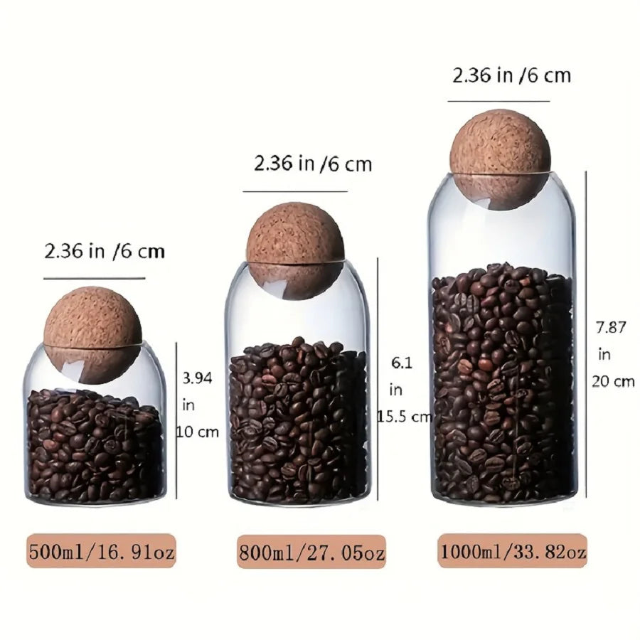 Set Barattoli In Vetro Per Cucina Tre Pezzi Con Coperchio Ermetico In Legno E Sfera Di Sughero Capacità 0,5 1 L Ecologici Decorativi