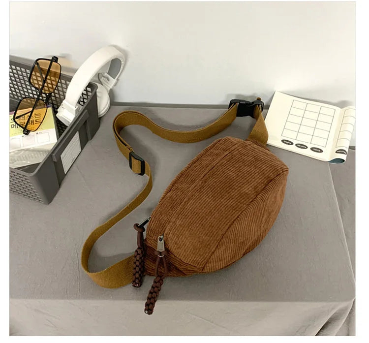 Marsupio da Donna in Velluto a Coste di Grande Capacità Borsa da Petto Stile Street Borsa a Tracolla Cintura Casual