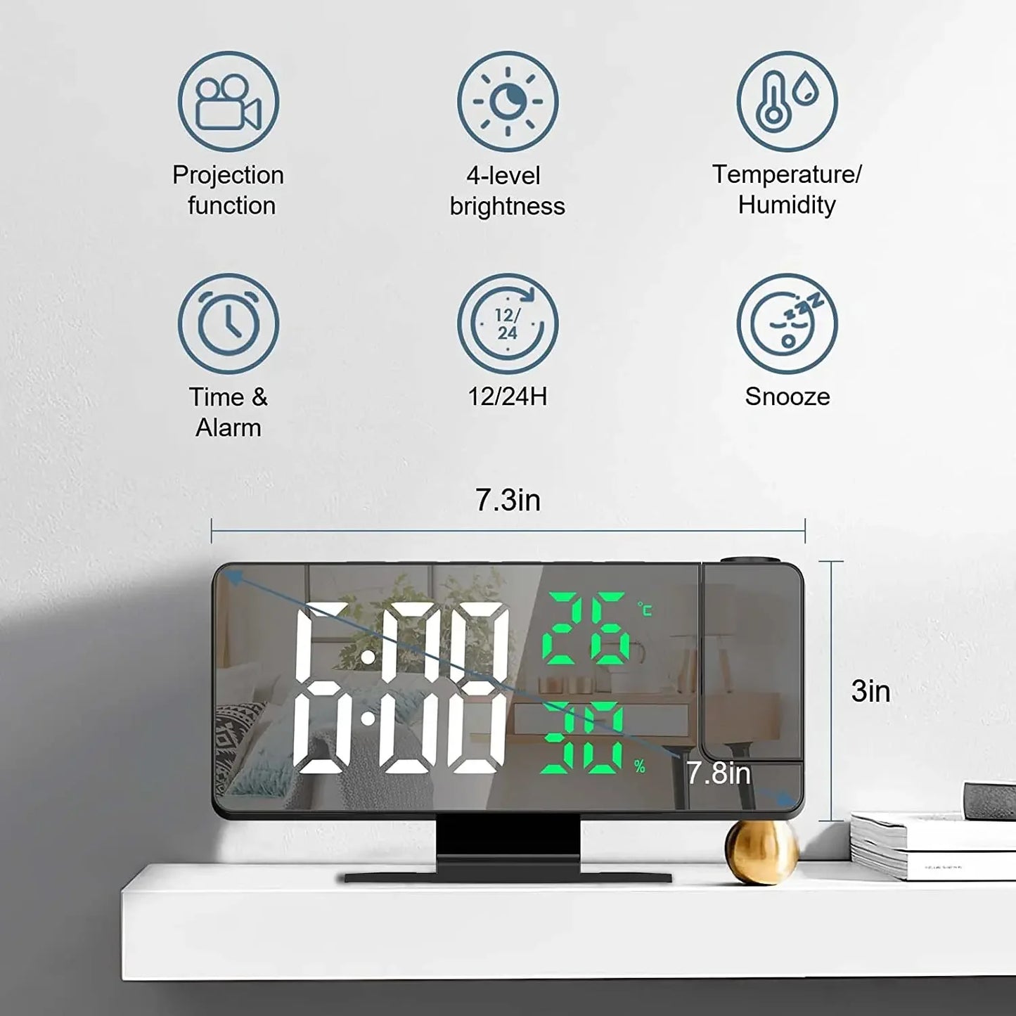 Sveglia Digitale LED Orologio Proiezione da Soffitto con Display della Temperatura Snooze Retroilluminato per la Casa