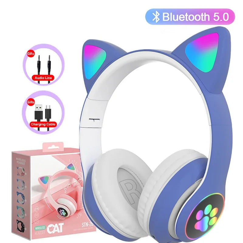 Lampada Cuffie Orecchie Di Gatto Bluetooth 5 0 Stereo Microfono Slot TF Auricolare Wireless Ragazze Bambini Regalo