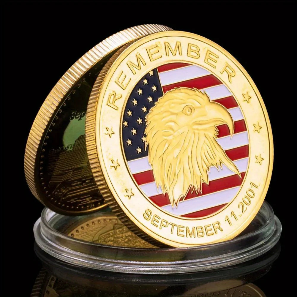 Moneta Ricordo 9.11 2001 Placcata Oro Modello Aquila Commemorativa Da Collezione Souvenir