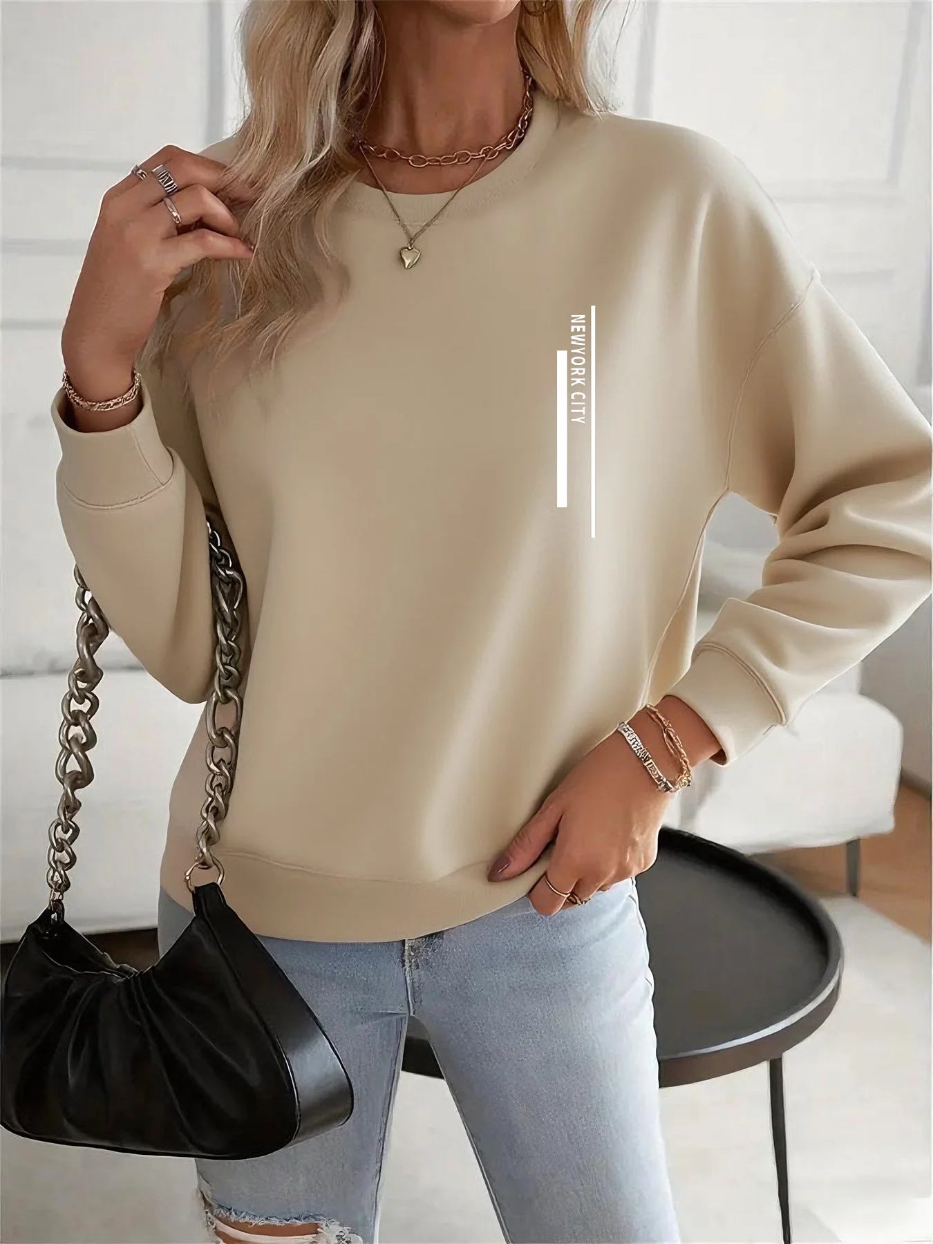 Felpa Donna Con Stampa Cuore Design Geometrico Manica Lunga Girocollo Lavabile In Lavatrice Vestibilità Regolare Autunno