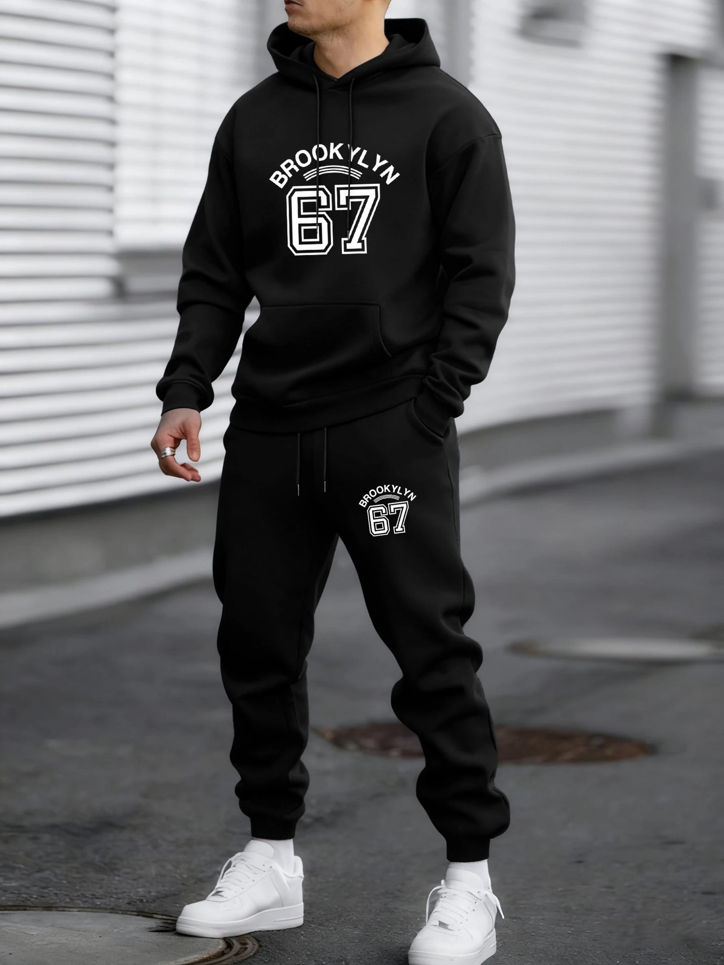 Brooklyn Lettera 67 Stampe Arte Tuta Sportiva Uomo Con Cappuccio In Pile Caldo Pantaloni Larghi Autunno Vintage