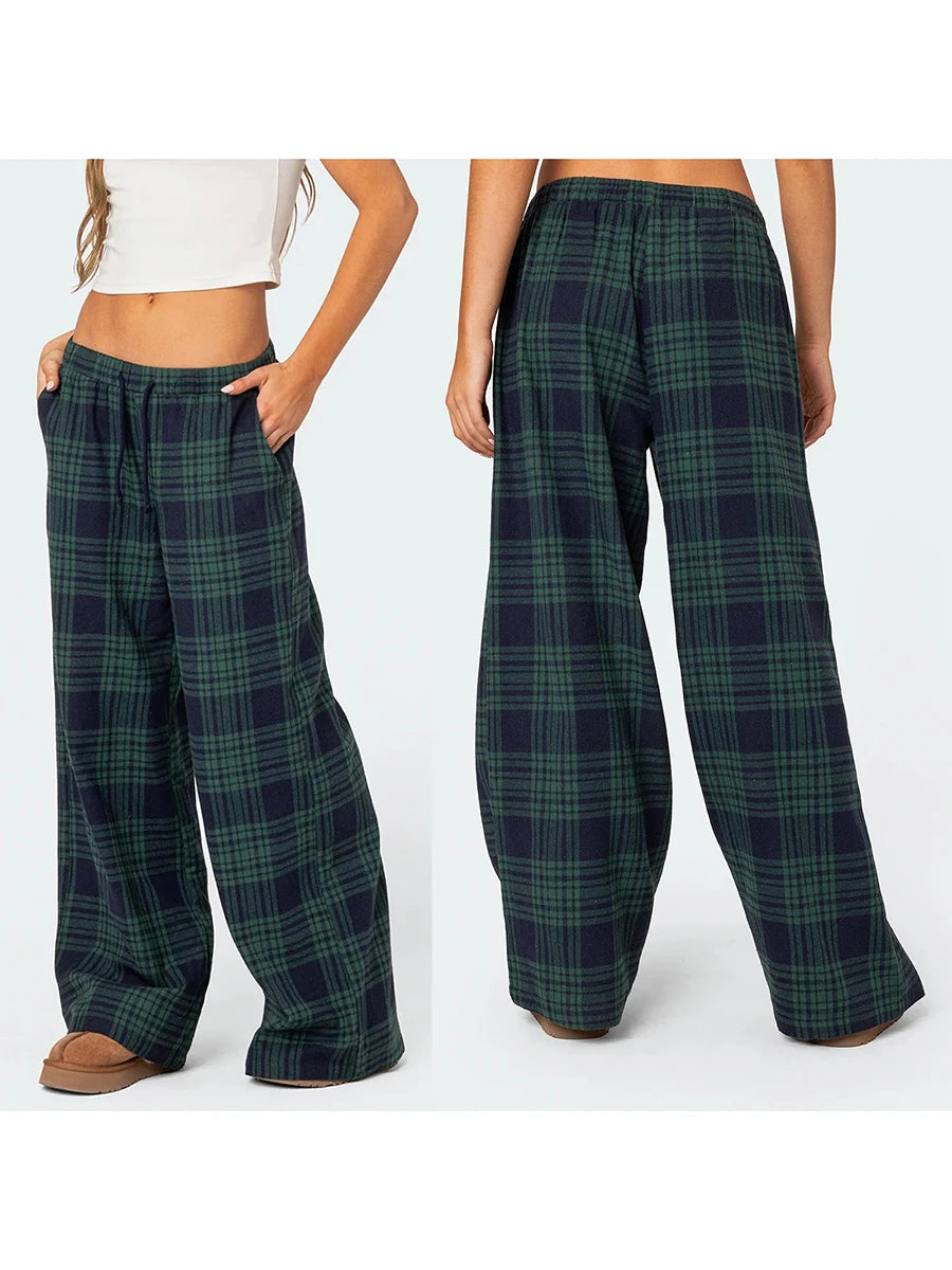 Pantaloni Oversize da Donna Y2K da Salotto Casual Quadri di Moda Elastici Vita Alta con Tasche Pigiama Homewear