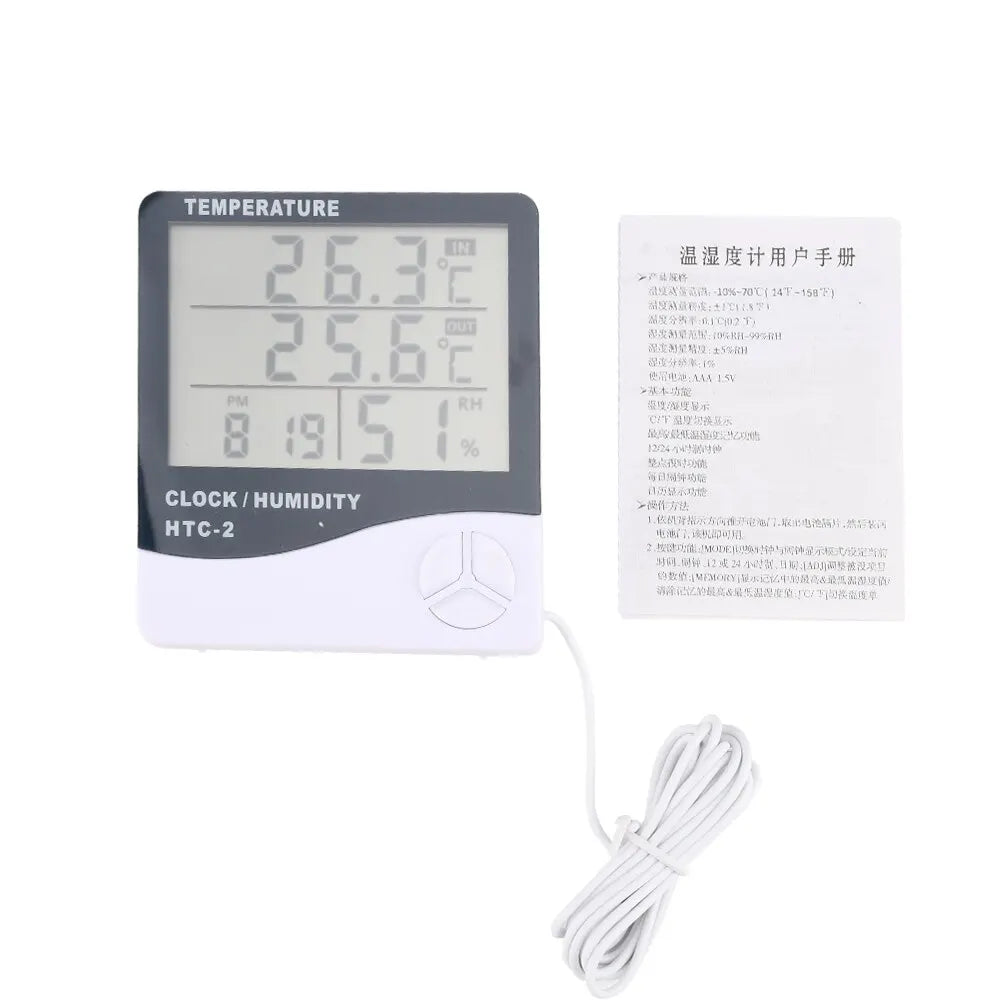 Stazione Meteorologica HTC2 Con Igrometro Digitale Termometro E Orologio LCD Interna Ed Esterna