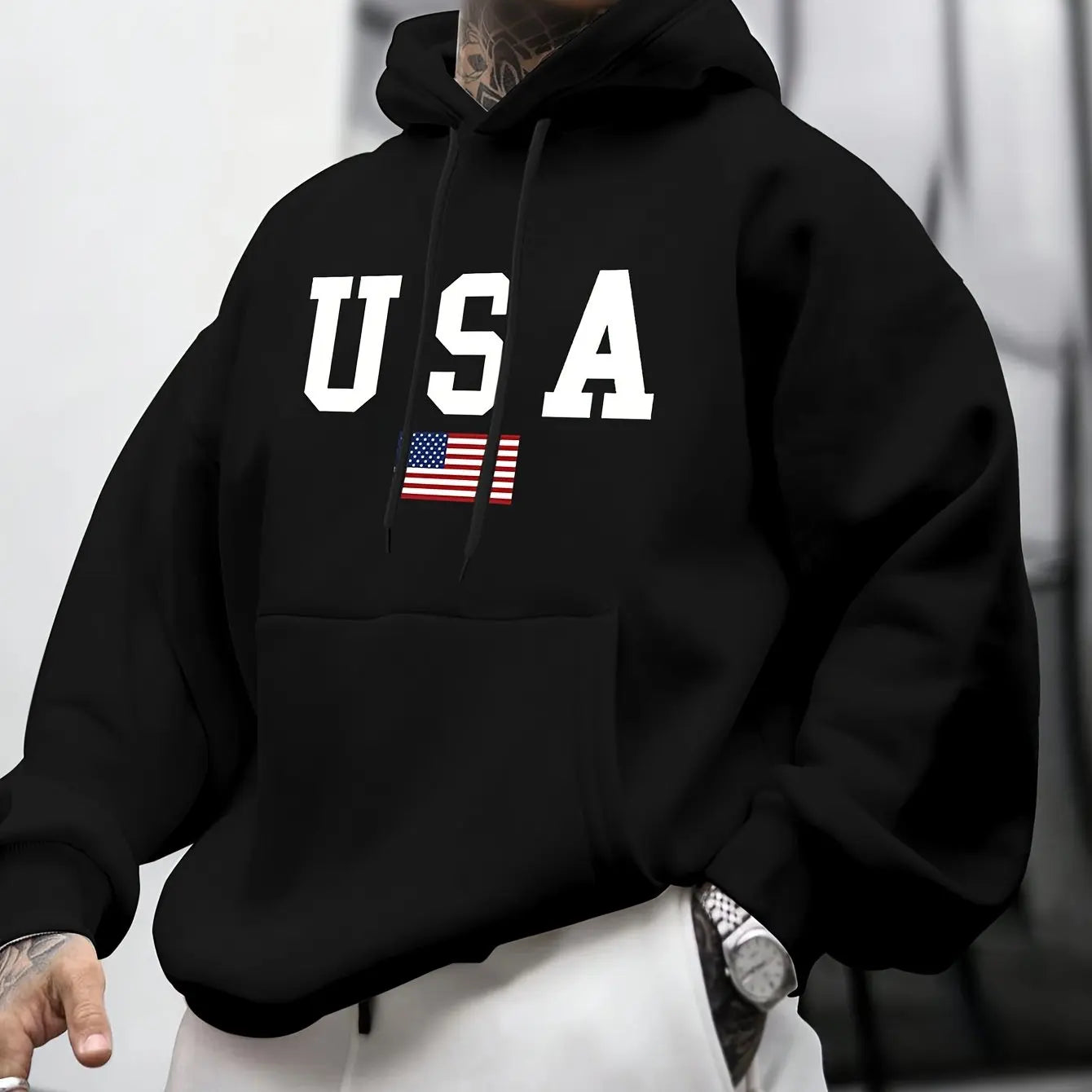 Felpa Con Cappuccio Da Uomo A Maniche Lunghe Con Stampa Grafica Bandiera Americana Allentata Caldo Autunno Inverno