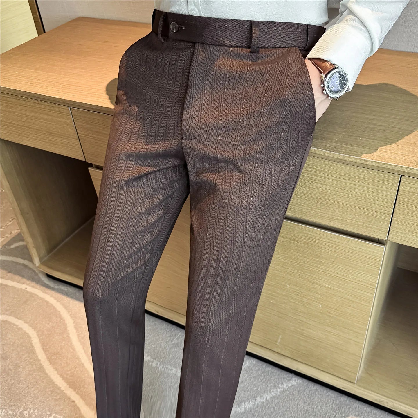 Pantaloni Da Abito Inverno In Lana Spessa Con Vita Elastica Gessati E Tinta Unita Per Uomo
