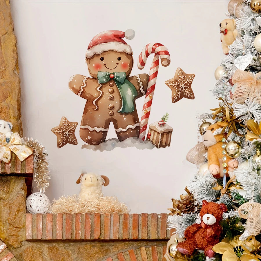 Decalcomania Da Muro Omino Pan Di Zenzero Natale Con Cappello Babbo Natale E Sciarpa Verde PVC Rimovibile Per Camino
