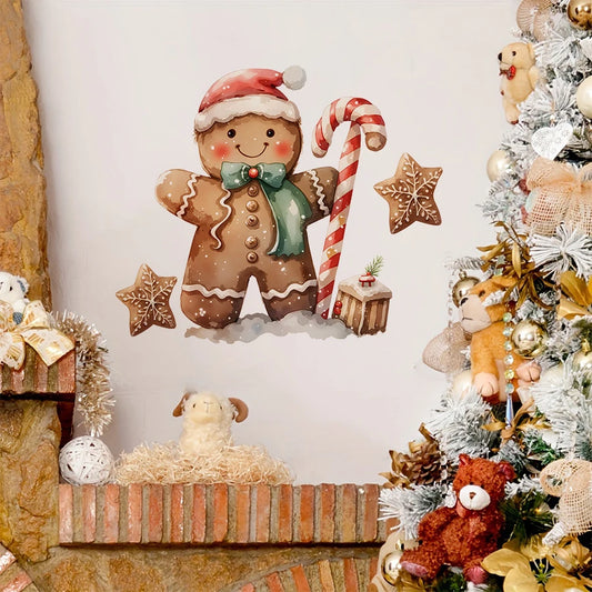 Decalcomanie da muro di omino di pan di zenzero di Natale con cappello da Babbo Natale Sciarpa verde PVC rimovibile per camino Soggiorno Negozio Cafe Decorazioni festive