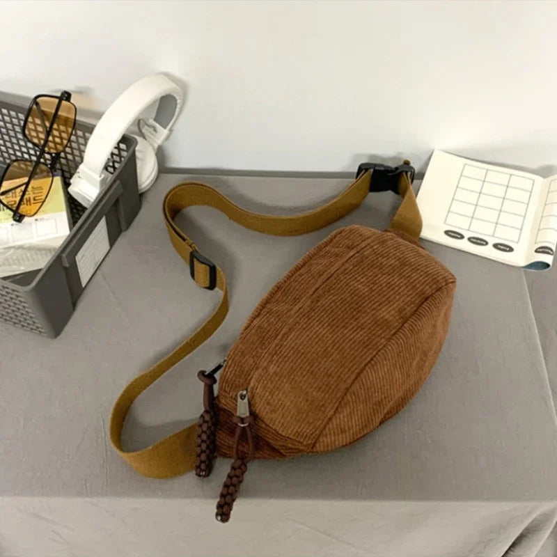 Marsupio da Donna in Velluto a Coste di Grande Capacità Borsa da Petto Stile Street Borsa a Tracolla Cintura Casual