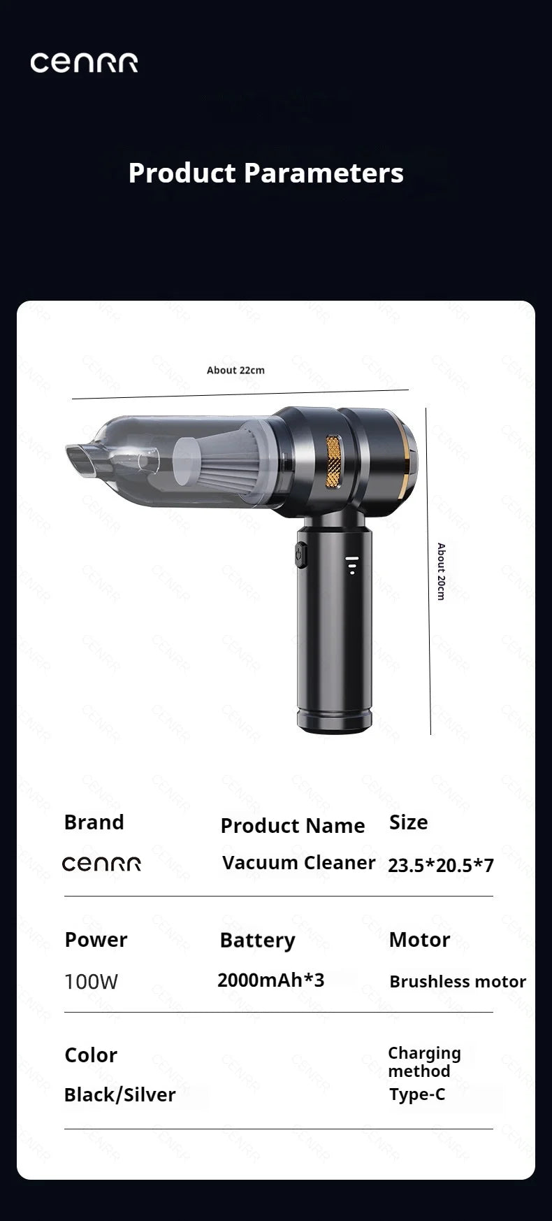 Cenrr 998000 Aspirapolvere Per Auto Senza Fili Potente Portatile Con Accessori Auto E Pulitore Universale