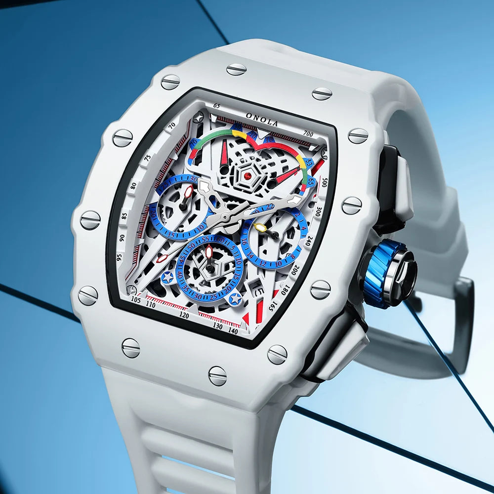 Orologio Da Uomo Di Lusso Onola Moda Casual Cinturino In Silicone Multifunzione Quarzo Impermeabile Bianco