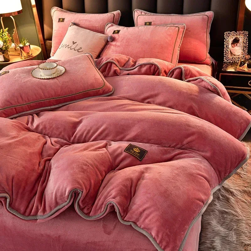 Set Di Biancheria Da Letto In Pile Di Latte Ultra Spesso Queen Size Copripiumino Invernale Caldo Di Fascia Alta