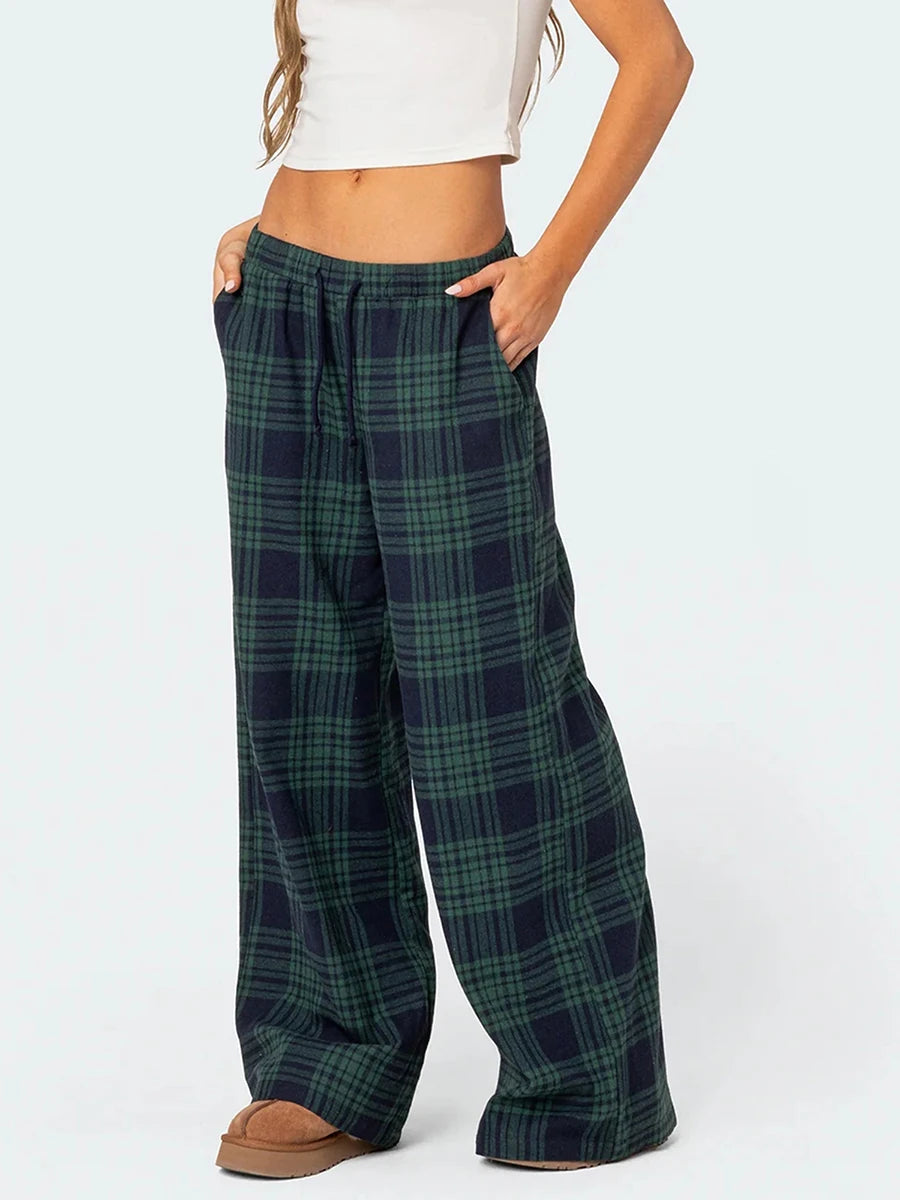 Pantaloni Oversize da Donna Y2K da Salotto Casual Quadri di Moda Elastici Vita Alta con Tasche Pigiama Homewear