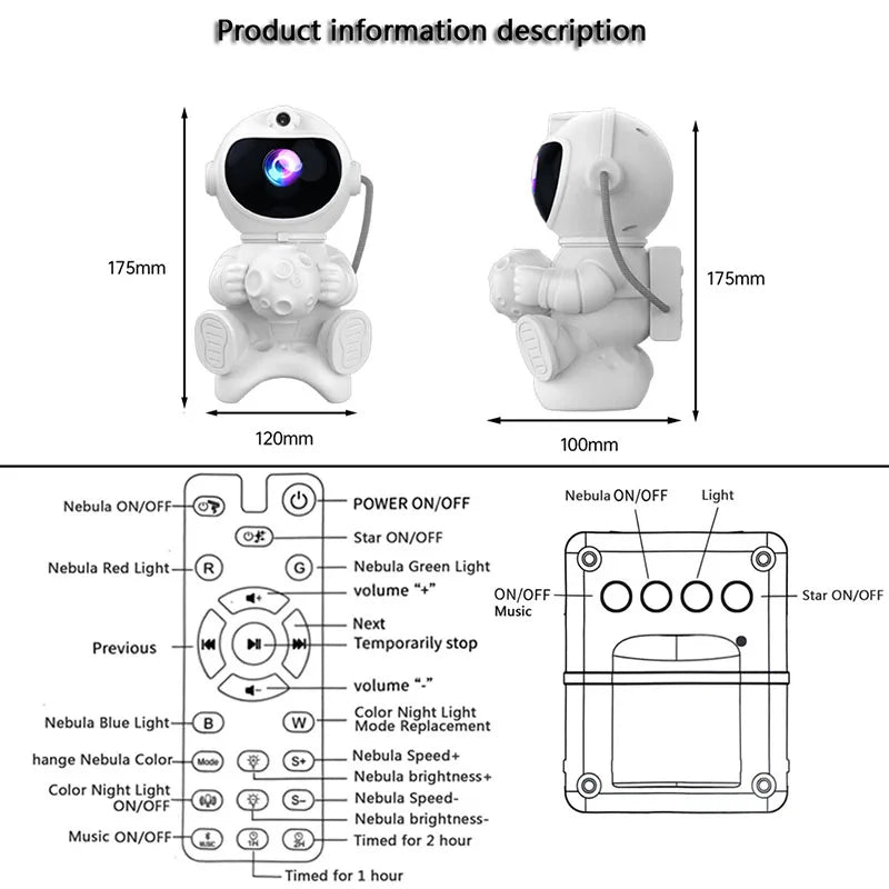 Proiettore galassia astronauta Proiettore luce notturna stella e luna Timer remoto Bluetooth 360 ° Angolo regolabile per regalo per bambini in camera da letto