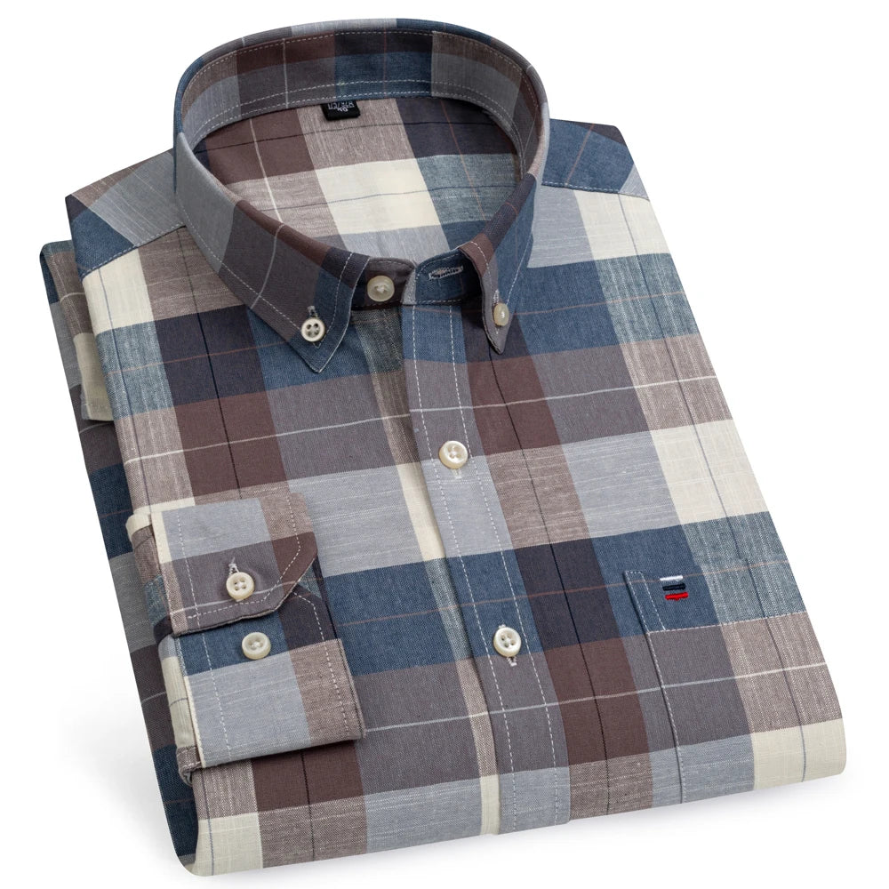 Camicia Da Uomo Oxford Abbottonata Maniche Lunghe In Cotone Al 100 Percento Con Tasca A Quadri Piccoli Stile Casual