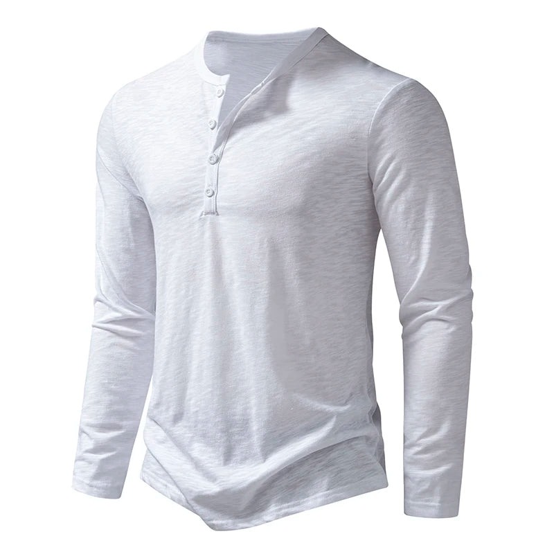 T Shirt Henley In Cotone Da Uomo Maniche Lunghe Con Colletto A Bottoni Casual Streetwear Traspirante
