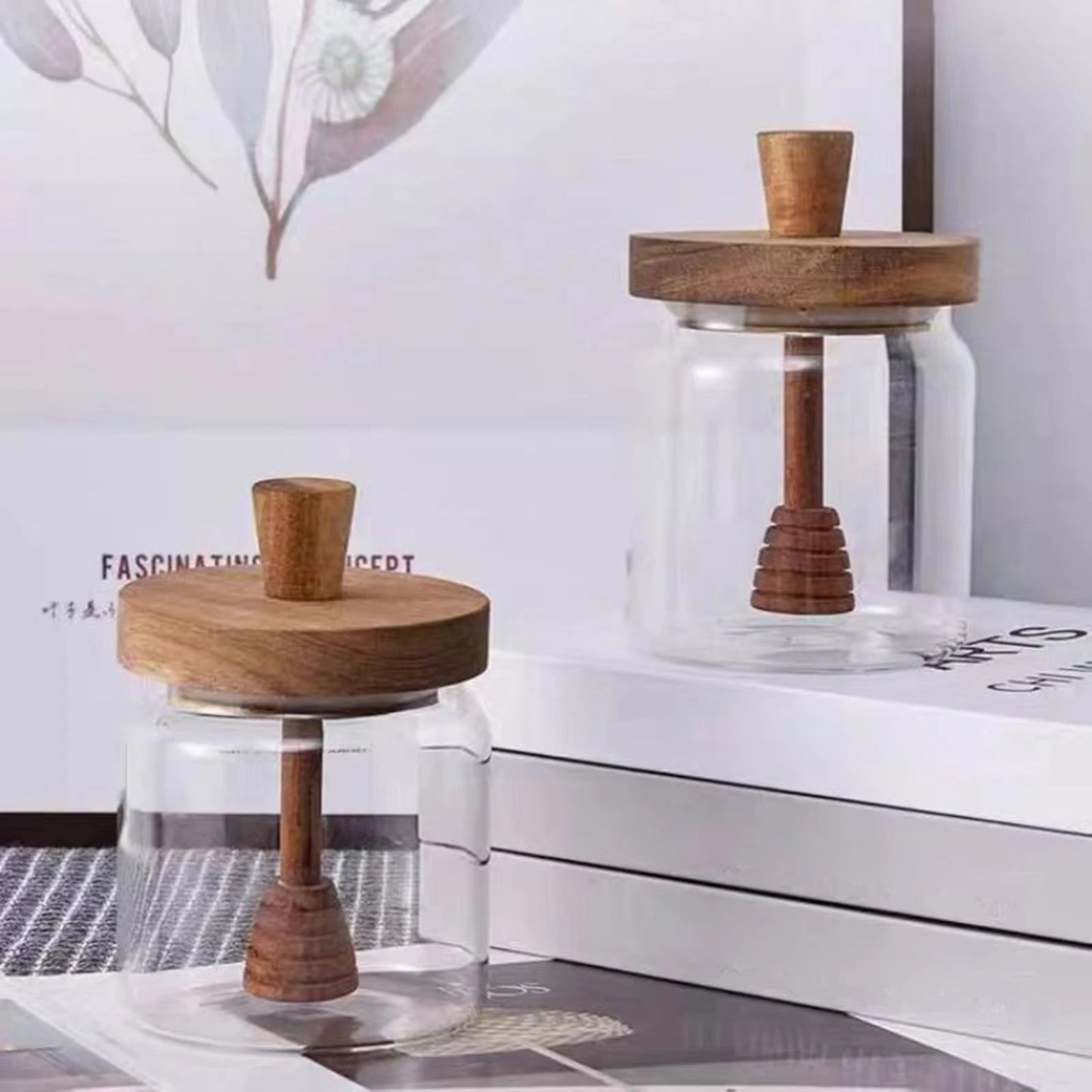 Set Barattoli Sigillati In Vetro Con Coperchio In Legno Contenitori Cucina Trasparenti Bastoncini Immersione In Legno