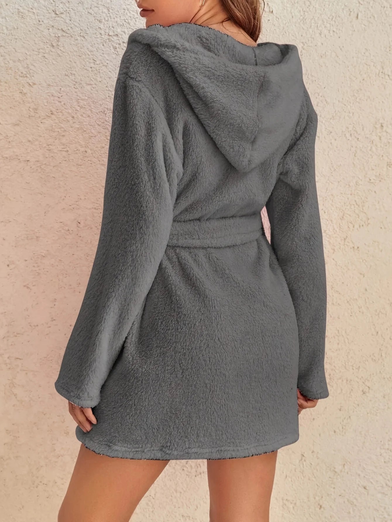 Vestaglia Da Donna Con Cappuccio Tinta Unita Con Cintura Calda E Morbida Per Casa Autunno Inverno