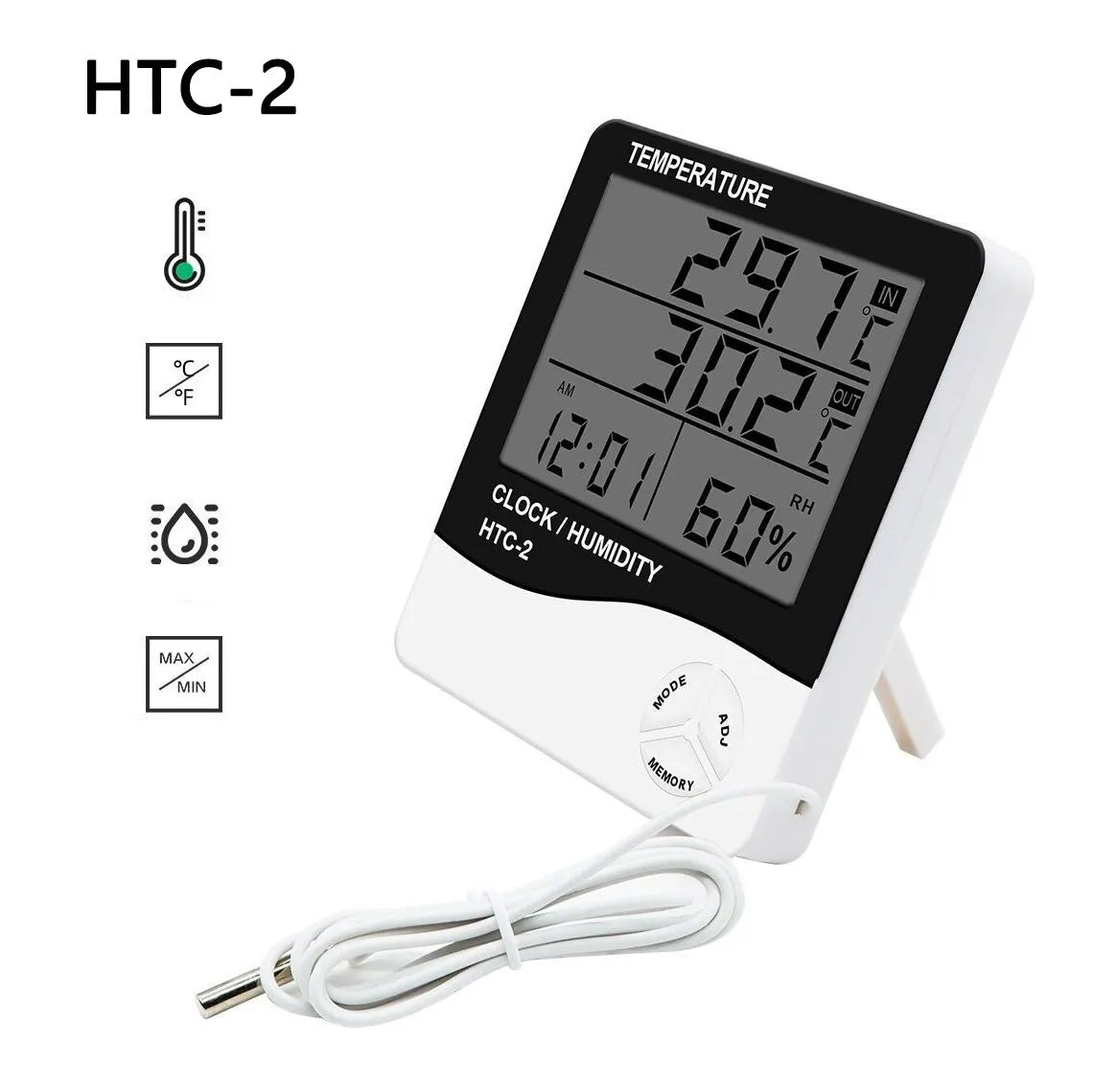 Stazione Meteorologica HTC2 Con Igrometro Digitale Termometro E Orologio LCD Interna Ed Esterna