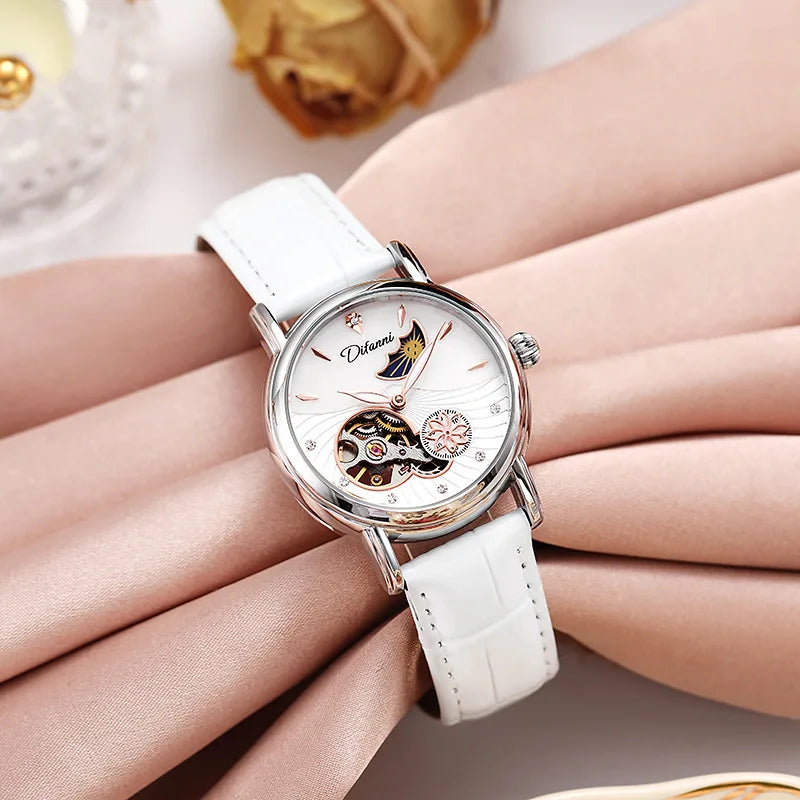 Orologio Da Donna Automatico Impermeabile Con Fasi Lunari E Fiori Girevoli Lusso Di Marca Pregiata