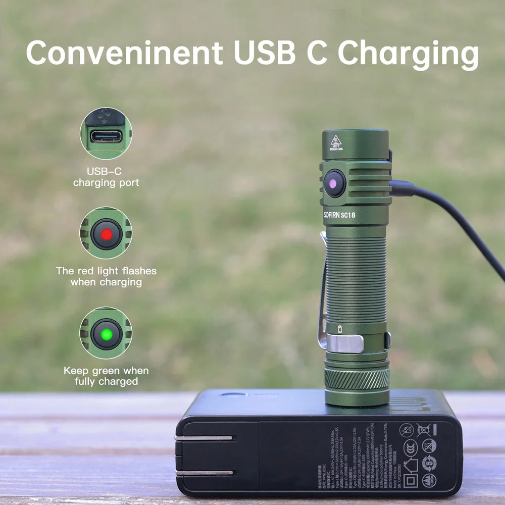 Sofirn SC18 1800lm Torcia EDC USB C Ricaricabile SST40 LED 18650 Ottica TIR Lente Lanterna Indicatore di Alimentazione