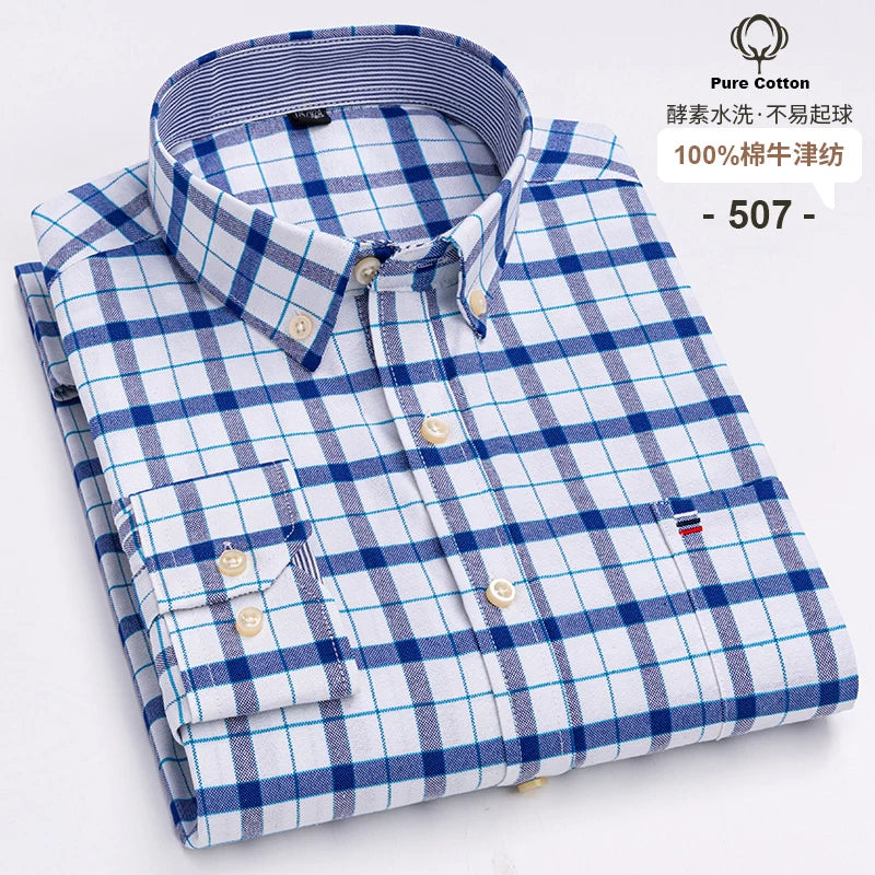 Camicia Da Uomo In Cotone Oxford A Quadri Maniche Lunghe Vestibilità Regolare Con Tasca Frontale
