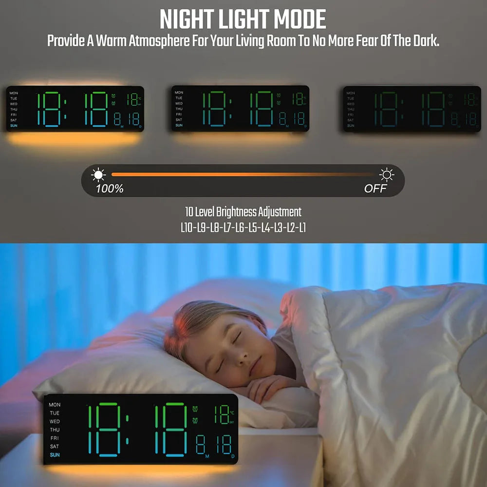 Orologio Da Parete Digitale A Led Con Calendario Telecomandato Luce Notturna Colorata Per Soggiorno Casa Intelligente
