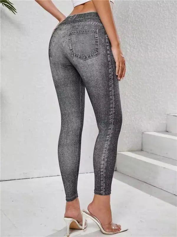 Leggings Denim Imitazione Da Donna Con Tasche Pantaloni Yoga Palestra Comfort Elasticizzati Da Indossare Ogni Giorno