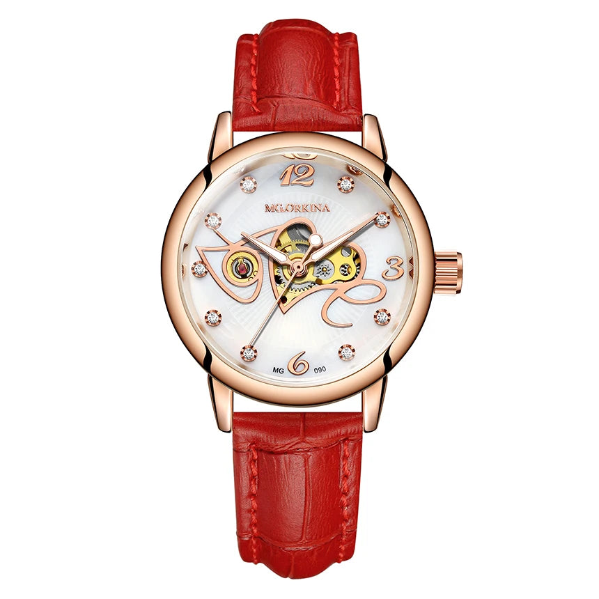 Orologio Meccanico Automatico Da Donna Orkina Classico Scheletrato Lusso Cinturino In Acciaio Inossidabile E Pelle