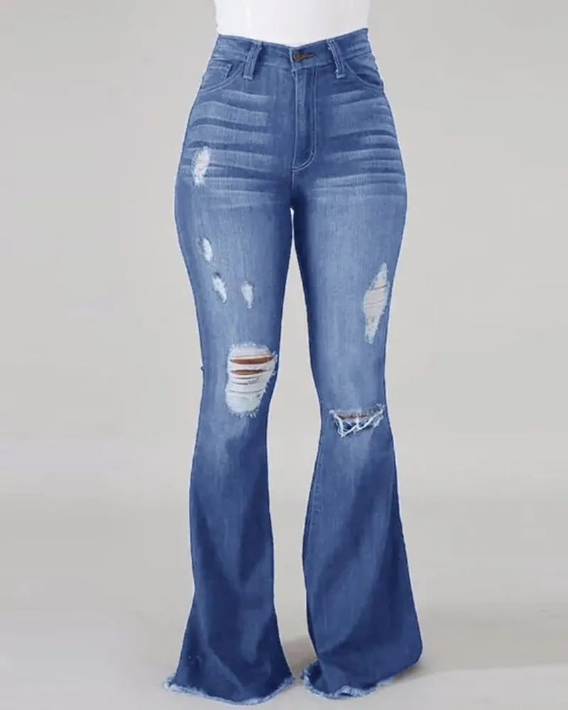 FENROOST Jeans Donna Vita Alta Elasticizzati Strappati Zampa D'Elefante Denim Distressed Vintage Slim