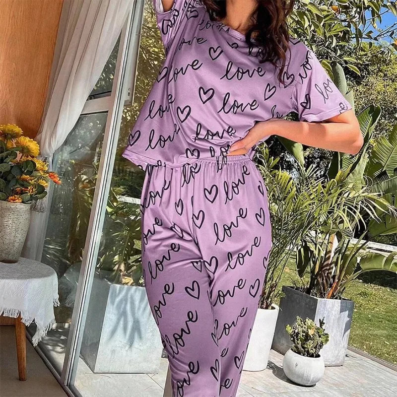 Pigiama Da Donna 2 Pezzi Notte Con T Shirt A Maniche Corte Stampa Lettera Rosa Scuro E Pantaloni Abbigliamento Casalingo
