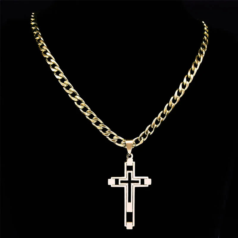 Collana Hip Hop Croce Unisex In Acciaio Inossidabile Con Pendente Lungo Dorato Oro N6055S05