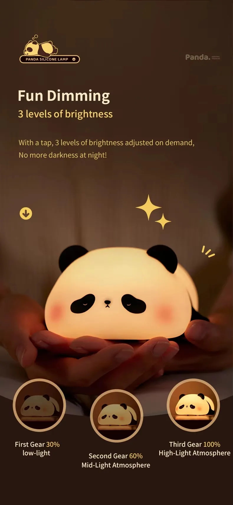 Lampada Notturna Panda Ricaricabile con Sensore Touch Silicone Dimmerabile Led per Comodino per Bambini Regalo